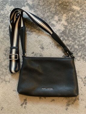 Marc Jacobs Black Pebbled Leather Crossbody with Black & Cream Stripe Strap